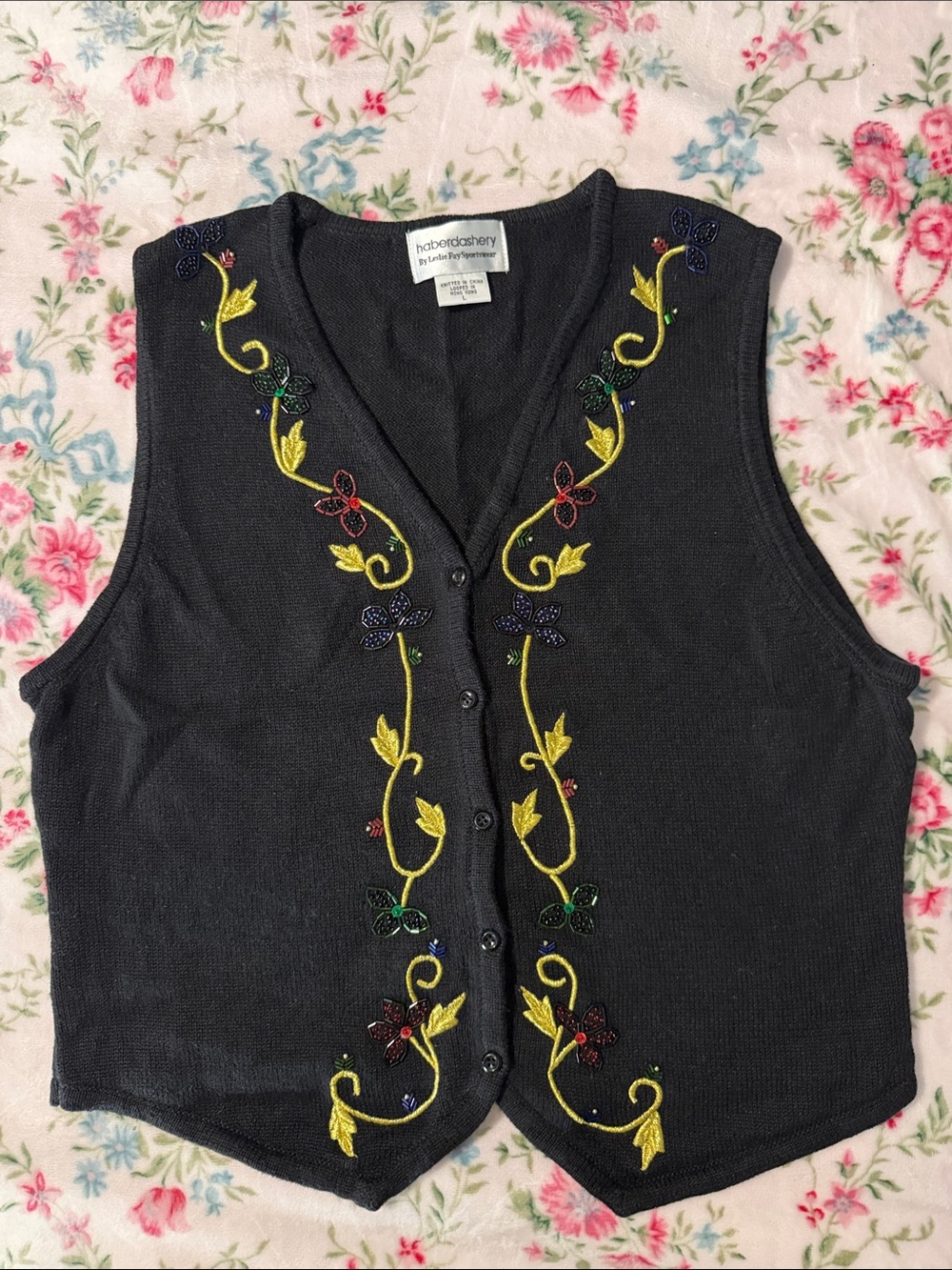 Holidays Black Embroidered V-Neck Button Vest